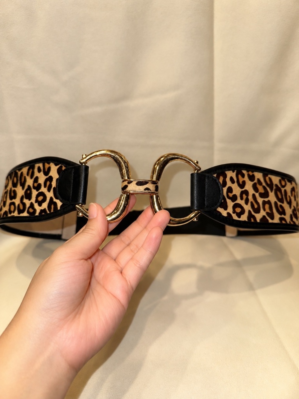 Chico's Leopard-Print Calf Leather Belt with Gold Double Ring Interlock Buckle S